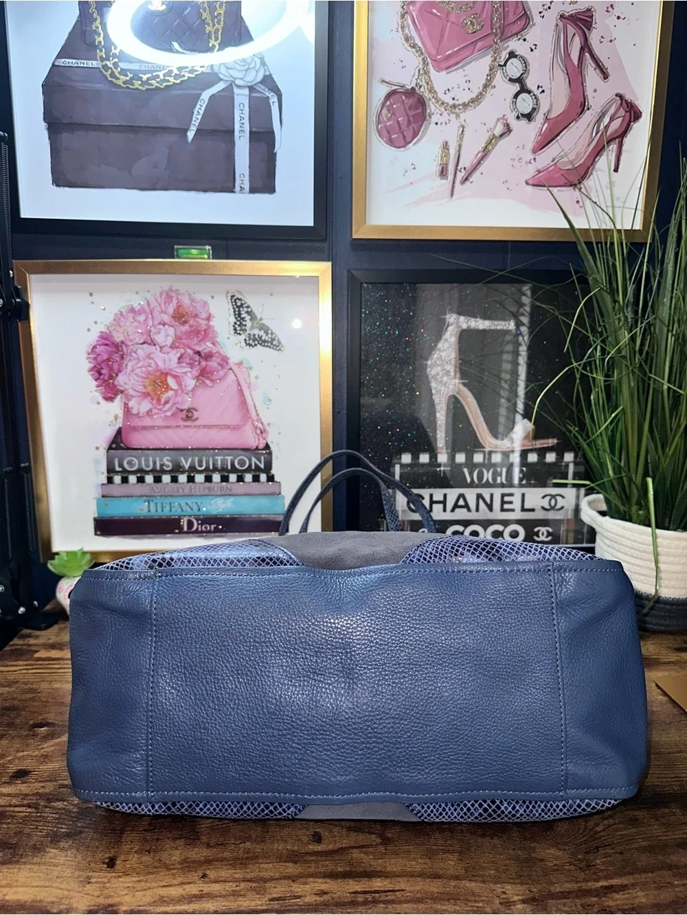 Tory Burch Chevron Color-Block Tote Blue Suede Pebbled Leather